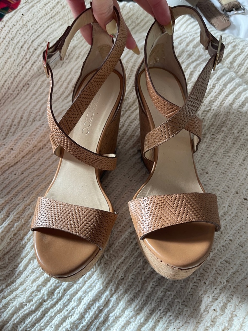 Jimmy Choo Tan Cork Platform Wedge Sandals
